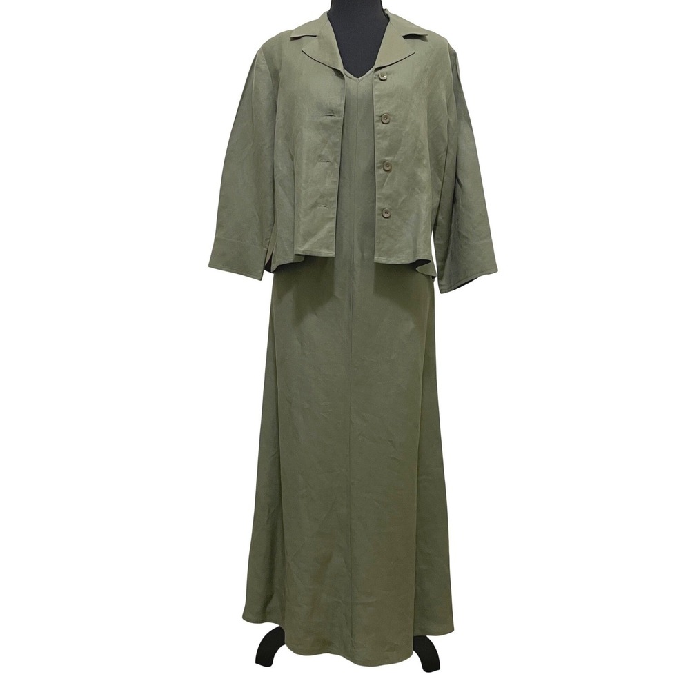 Talbots‎ Petites Linen Blend Maxi Dress Blazer 2 Piece Set Olive Green Size 8